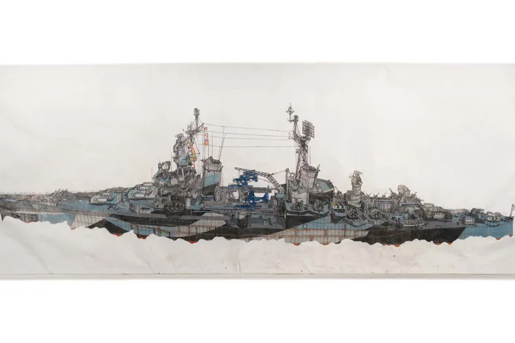 a large detailed painting of a battleship on white canvas