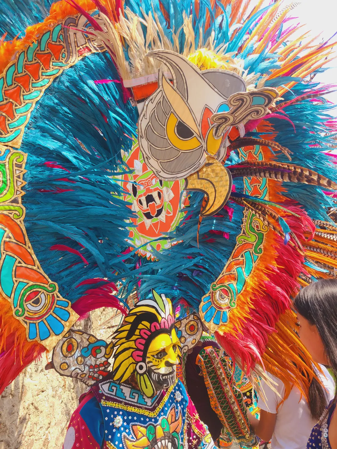 A large headdress depicts a colorful bird with its feathers on full display