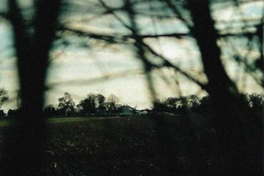 Blurry rural landscape, including bare trees and a house in the distance.