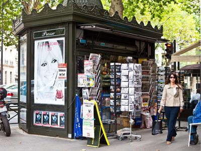 A classic Parisian newsstand on Rue St. Germain.
