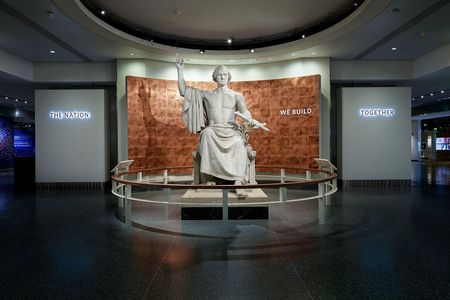 Horatio Greenough’s 12-ton marble statue of George Washington heralds the newly reopened west wing gallery.
