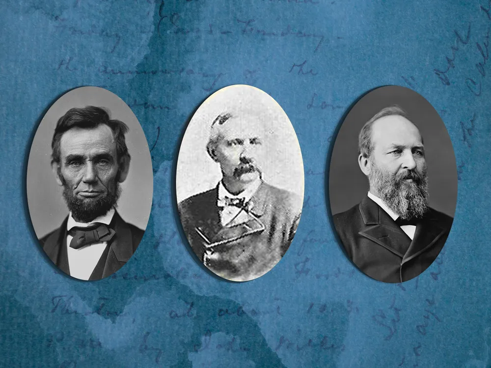 Portraits of Abraham Lincoln, Almon F. Rockwell and James Garfield overlaid on a blue background