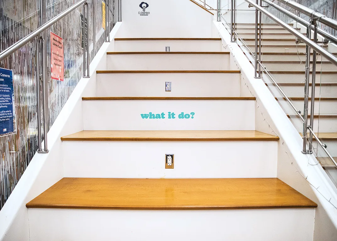 These steps are a popular place to hang out and do homework