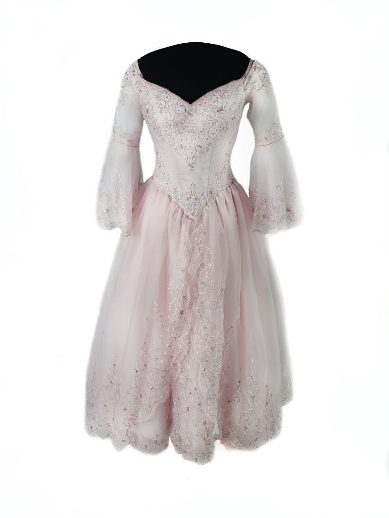 Long, pink Quinceañera dress with long sleeves and heart shaped neck.