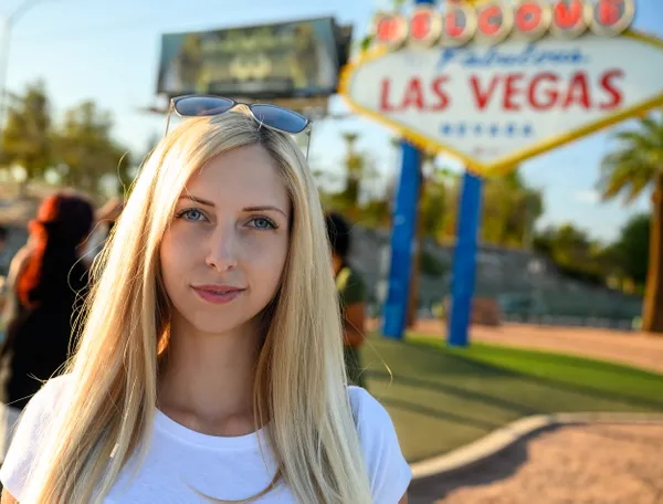Portrait of a gorgeous blonde woman under the world famous Las Vegas sign thumbnail