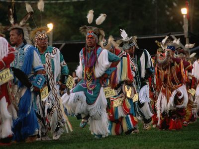Chippewa men performing in an annual powwow held near Cass Lake, Minnesota. 