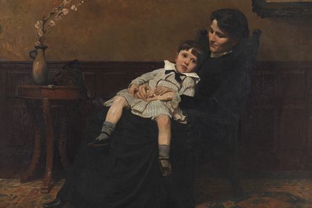 Oil painting in dark brown tones, featuring a woman sitting in a chair wearing a dark dress and holding a young boy in a sailor suit.
