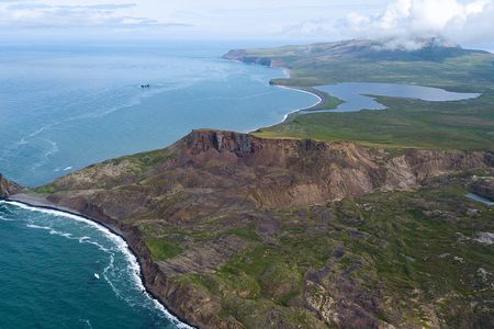 An aerial view of the northwestern corner of St. Matthew Island. The small grouping of uninhabited islands is over 300 kilometers across the Bering Sea from the mainland, making it the most remote location in Alaska.