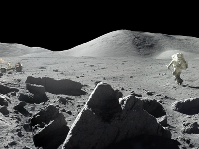 Jack Schmitt strolling on the lunar surface during the Apollo 17 mission in December 1972.