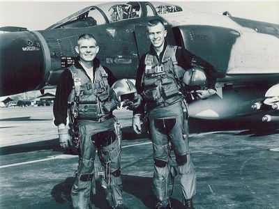 Bob Pardo (left) and Steve Wayne were nearly disciplined for the push, but squadron commander Robin Olds intervened.