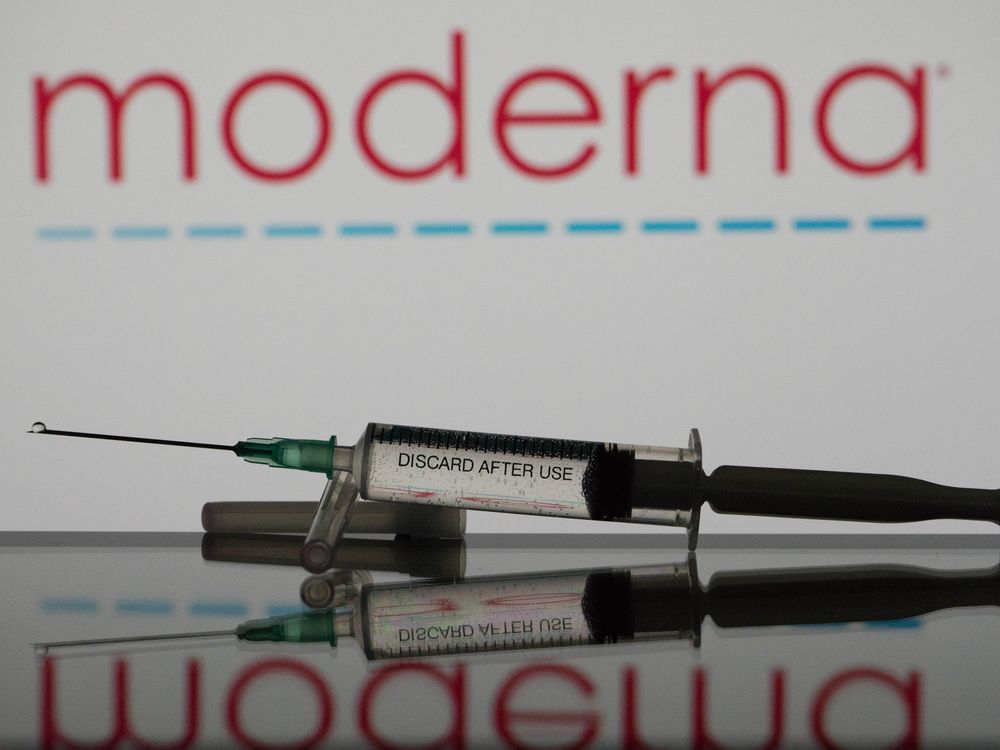 A vaccine needle lies in front of a Moderna logo