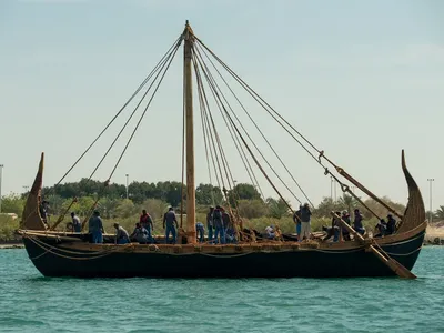 The reconstructed Magan boat floating off the coast of Abu Dhabi