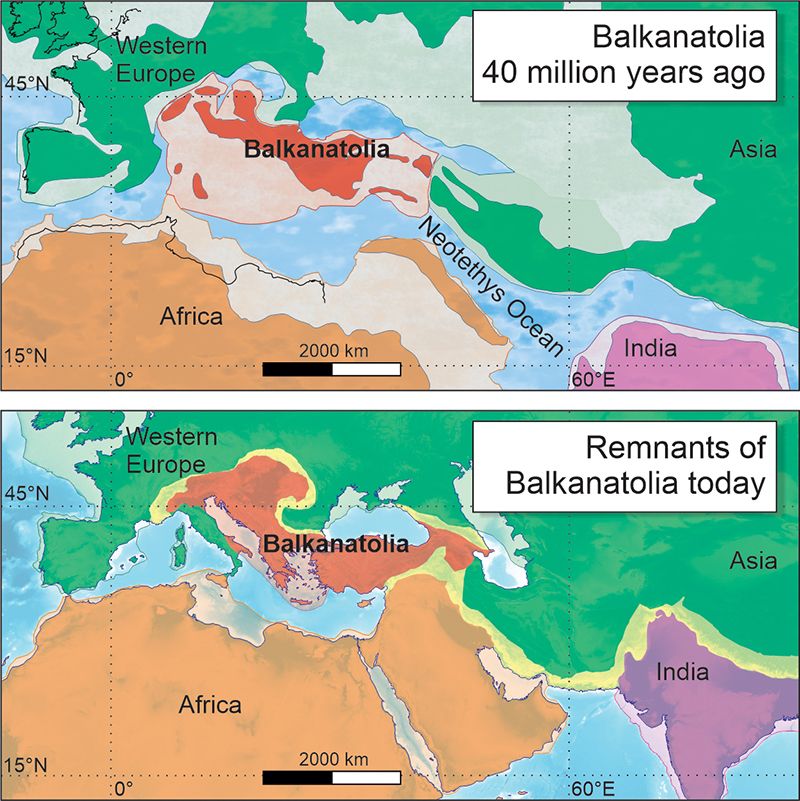 Map showing Balkanatolia 40 million years ago and at the present day.