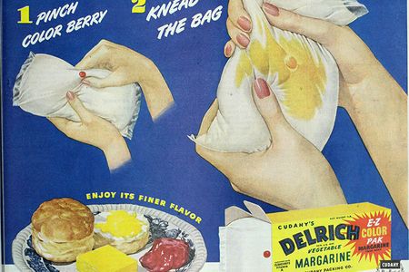 This 1948 ad for Cudahy's Delrich brand of margarine uses a "color berry" to color its margarine yellow.