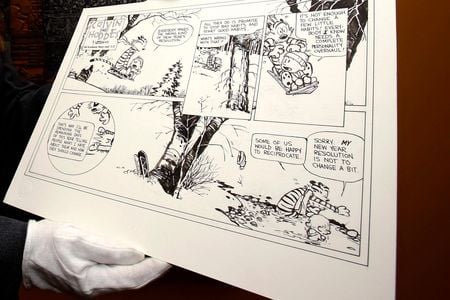 Calvin and Hobbes, the influential and popular comic strip by Bill Watterson about a boy and his stuffed tiger that ran in thousands of newspapers worldwide during its run from 1985-1995.