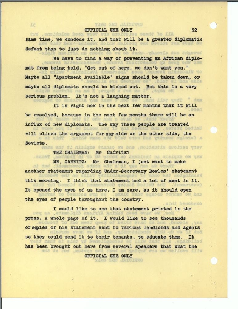 Notes from a July 6, 1961, Special Protocol Service Section meeting on the "problem of diplomatic housing"
