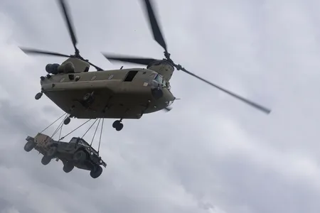 The CH-47 is the U.S. Army’s only heavy-lifter. The newest model, the F, can carry up to 25,000 pounds of people, supplies, or equipment.