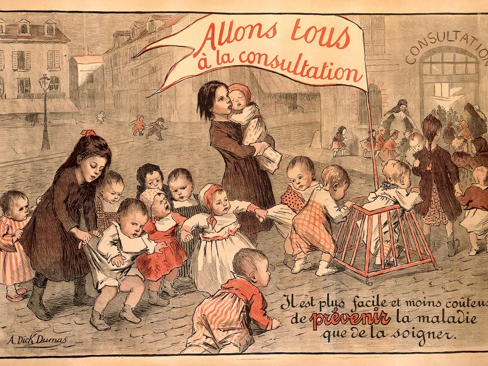 A lithograph by Alice Dick Dumas depicts children going to a clinic for a health check to prevent the advance of disease