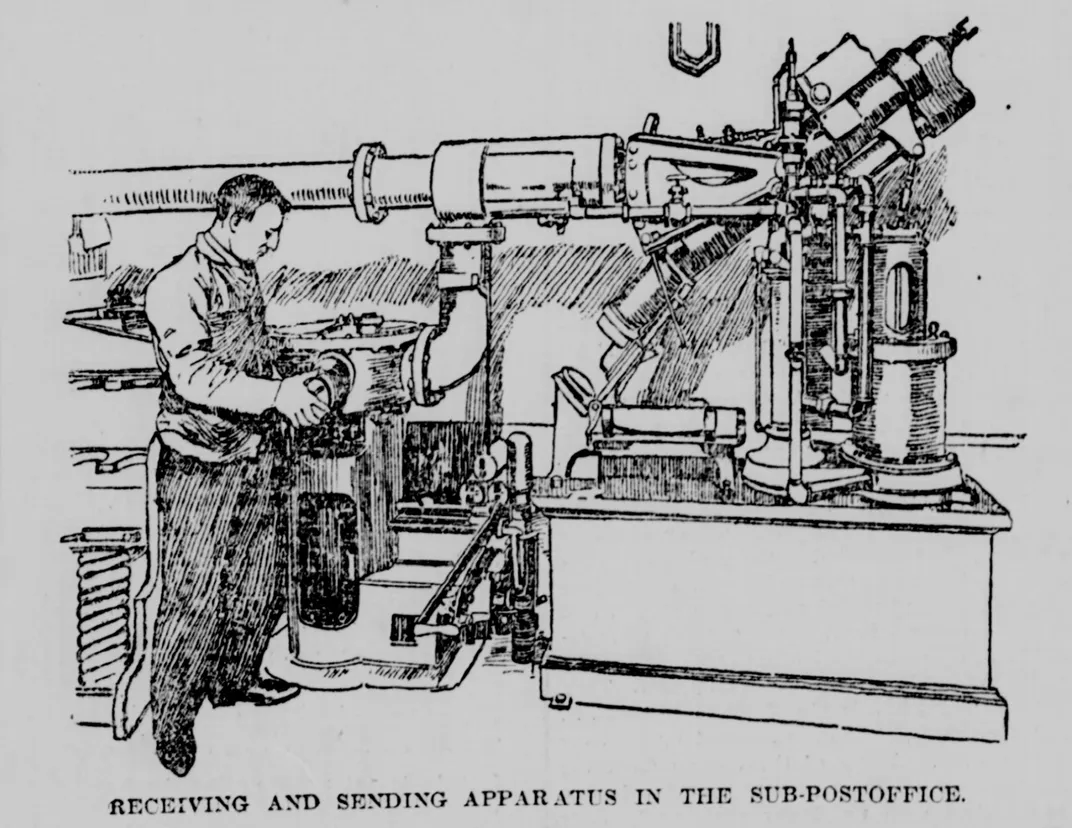 An 1897 illustration of the system's receiving and sending apparatus