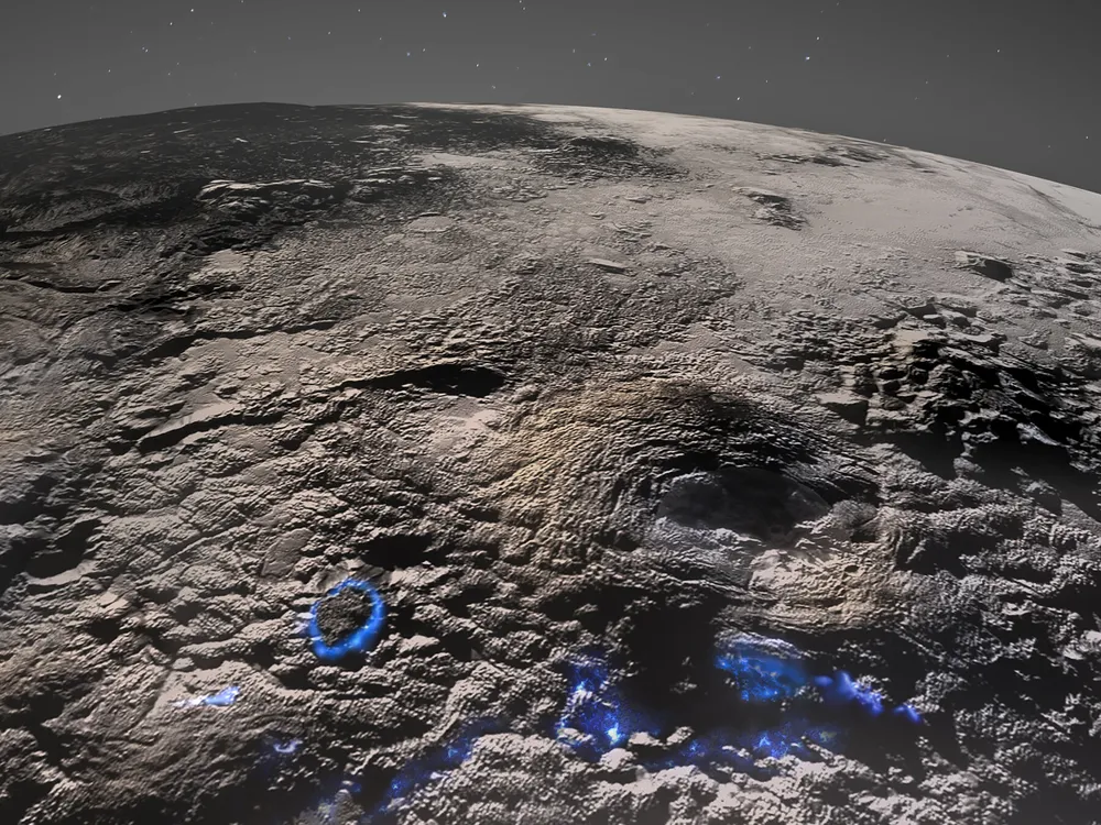 Images of Pluto's pocked surface with valley and peaks, volcanic areas circles in blue
