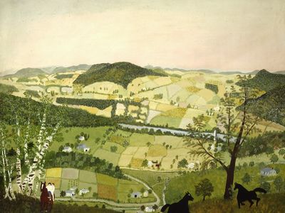 Black Horses, Grandma Moses, oil on pressed board, 1945, featured in the exhibition &quot;Grandma Moses: A Good Day&#39;s Work&quot; at the Smithsonian American Art Museum