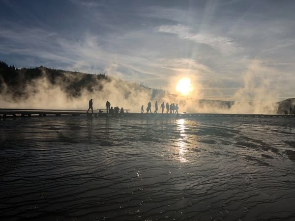 Yellowstone Grand Prismatic Spring Sunset Silhouette thumbnail