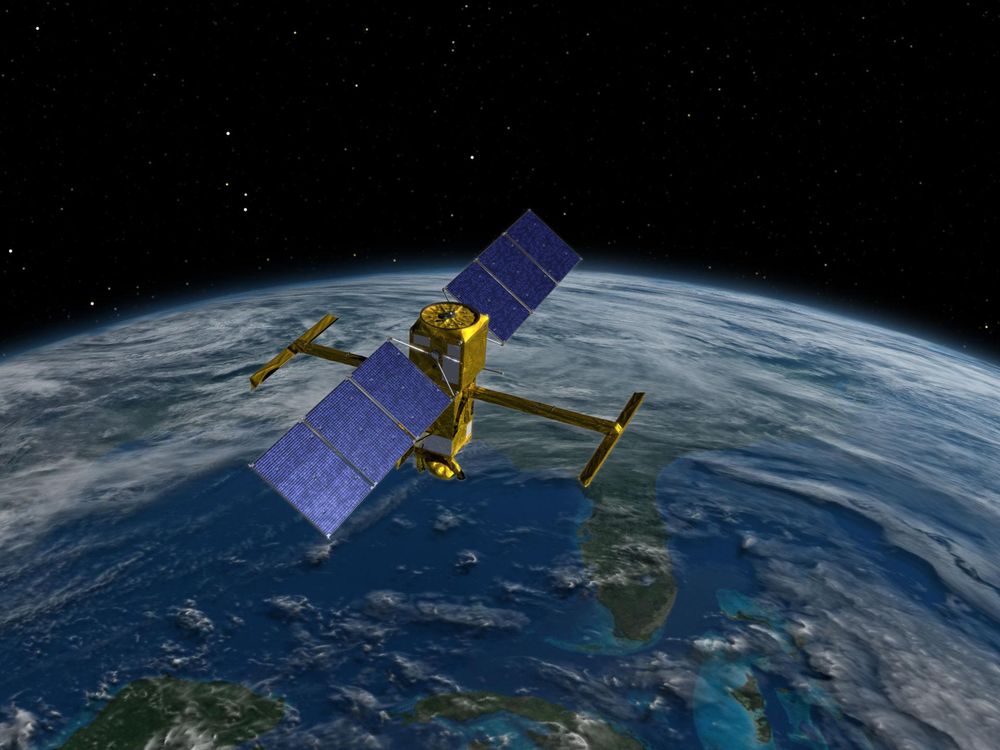 An illustration of the SWOT satellite orbiting Earth