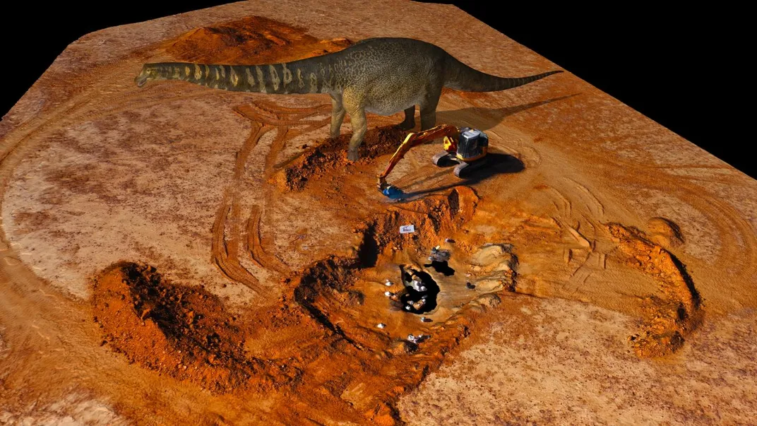 An image comparing the size of the dinosaur Australotitan cooperensis to its dig site. 