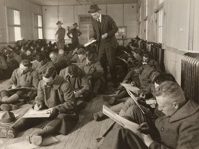 Soldiers take a psychological test (the exact type of examination is unclear) in Camp Lee in Virginia in November 1917, the year the United States entered World War I and  Woodworth first developed his test.