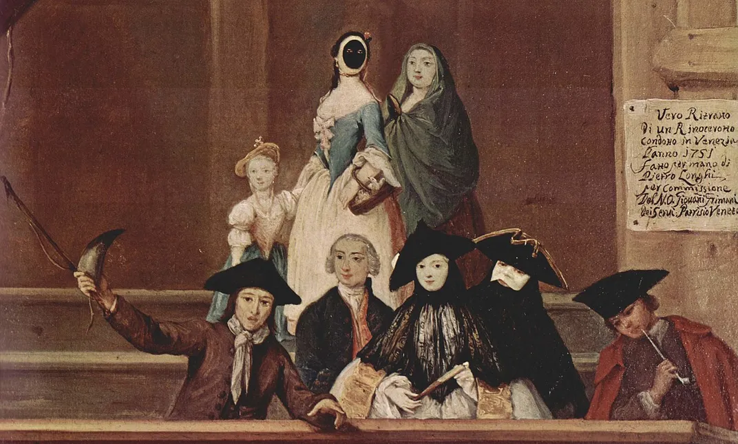 The moretta mask (seen on the woman standing at left) was kept in place by a button held between the wearer's teeth.