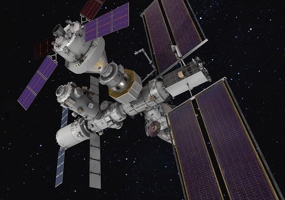 Concept art of the Gateway space station. The modules that comprise the space station are white, while the solar arrays mounted on the station and visiting spacecraft are vibrant purple.