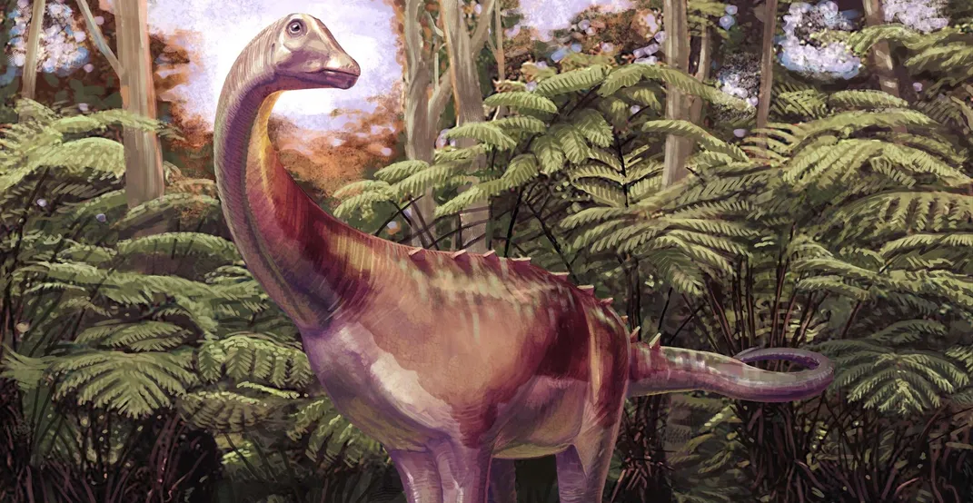 illustration of a purple-ish dinosaur with four legs and a long neck and tail surrounded by green plants