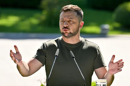 Ukrainian President Volodymyr Zelenskyy speaking in July