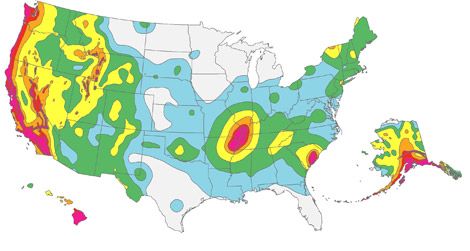 Earthquake hazard map for the United States
