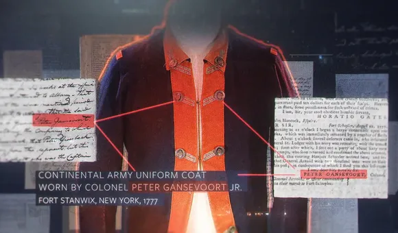 Continental Army uniform coat display with labeled text and document excerpts connected by lines to the coat.