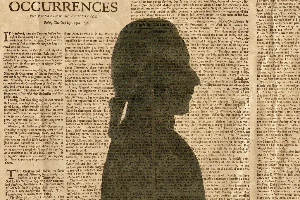 A silhouette of a man in front of a copy of Publick Occurrences