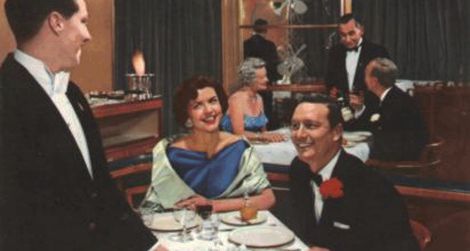 Dining aboard the RMS Caronia, from a 1950s World Cruise brochure.