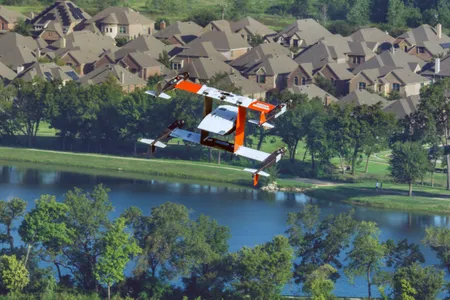 The Bell APT 70 drone flies above the Trinity River in Texas during a September 28 test flight. The drone takes off vertically, then transitions to flying like an airplane, which increases speed and range.