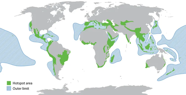 The world’s biodiversity hotspots.