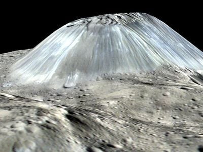 Ahuna Mons, shown in this simulated view as it might appear to someone standing on the surface of Ceres, is thought to be an ice volcano. 
