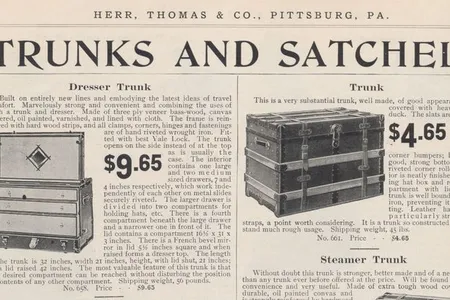 Herr, Thomas & Co., Pittsburg, PA. Catalogue No. 101 (1907), page 74, Dresser Trunk, Suit Case, Leather Suit Case, Cabinet Bag, Trunk, Steamer Trunk, Hand Bag or Satchel.