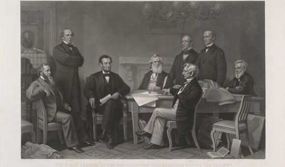 The First Reading of the Emancipation Proclamation before the Cabinet / Alexander Hay Ritchie, after Francis B. Carpenter / 1866 / National Portrait Gallery, Smithsonian Institution / Gift of Mrs. Chester E. King