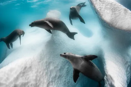 Greg Lecoeur won the title of Underwater Photographer of the Year 2020 for his Frozen Mobile Home, a playful snapshot of seals circling an iceberg.