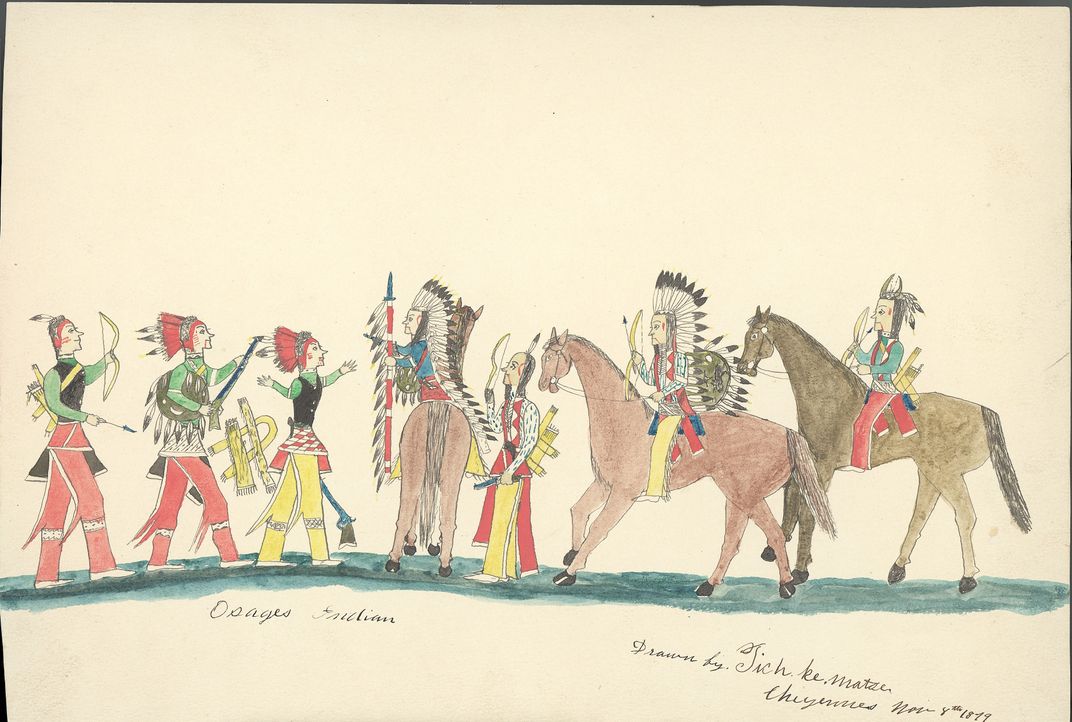 Drawing of group of seven Native American figures, three on horseback.