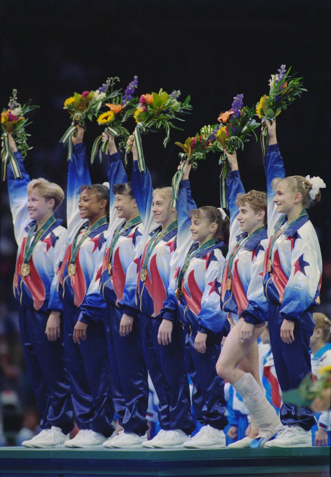 The Magnificent Seven 1996 team, from left to right: Amanda Borden, Dominique Dawes, Amy Chow, Jaycie Phelps, Dominique Moceanu, Kerri Strug and Shannon Miller