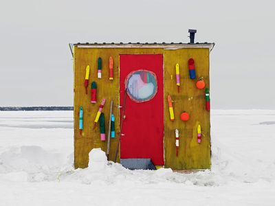 Quebec Ice fishing is a highly social affair for Quebecois, who tend to let their freak flags fly. This dwelling, clad in buoys from the local lobstering industry, belonged to a man named Pierre. “An eccentric fellow, as most of these guys are,” says photographer Richard Johnson.