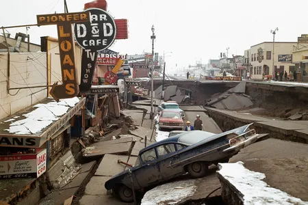 The earthquake on March 27, 1964, dropped Anchorage&rsquo;s Fourth Avenue and some cars on it roughly 20 feet below normal.