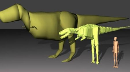 Virtual, fleshed-out models of the Tyrannosaurus specimens "Sue" (left) and "Jane" (center) compared to a human.