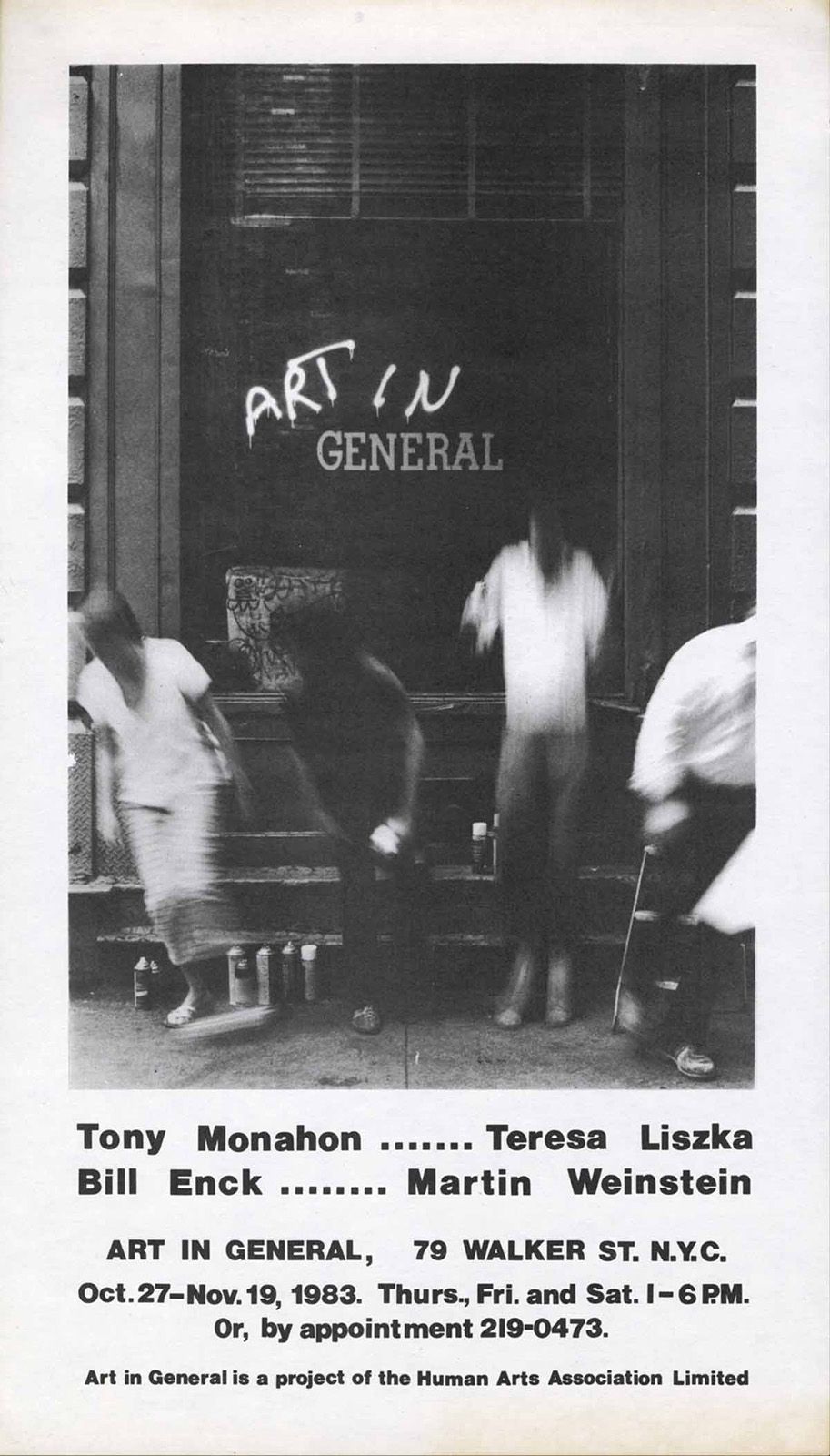 Poster with grayscale image of storefront and blurry figures