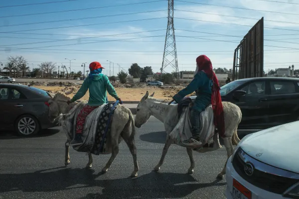 Bedouin girls ride donkeys on a highway thumbnail
